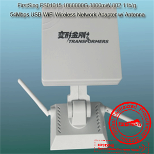 Show details for FirstSing FS01015 1080000G 3800mW 802.11b/g 54Mbps USB WiFi Wireless Network Adapter w/ Antenna Picture of FirstSing FS01015 1080000G 3800mW 802.11b/g 54Mbps USB WiFi Wireless Network Adapter w/ Antenna
